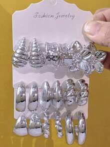 2/6/18pcs Elegant Women Earrings Set, Including Smooth Teardrop, Thick C-Shaped, Floral, Smooth C-Shaped, Twisted C-Shaped, Extra Large Smooth C-Shaped Styles. Crafting Capable And Intellectual Elegant, Adding Soft And Romantic Atmosphere. Suitable For Daily Commute, Dates, Gatherings, Travel Outfits - Silver - View 10
