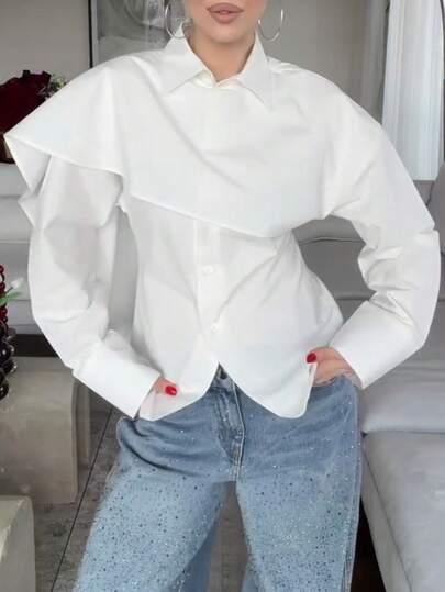 قميص نسائي أنيق للتنقل بتصميم غير متماثل، طويل الأكمام، لون أبيض، ربطة خلفية غير متماثلة، مناسب للارتداء في المكتب والمناسبات الرسمية والمواعيد، للربيع والصيف