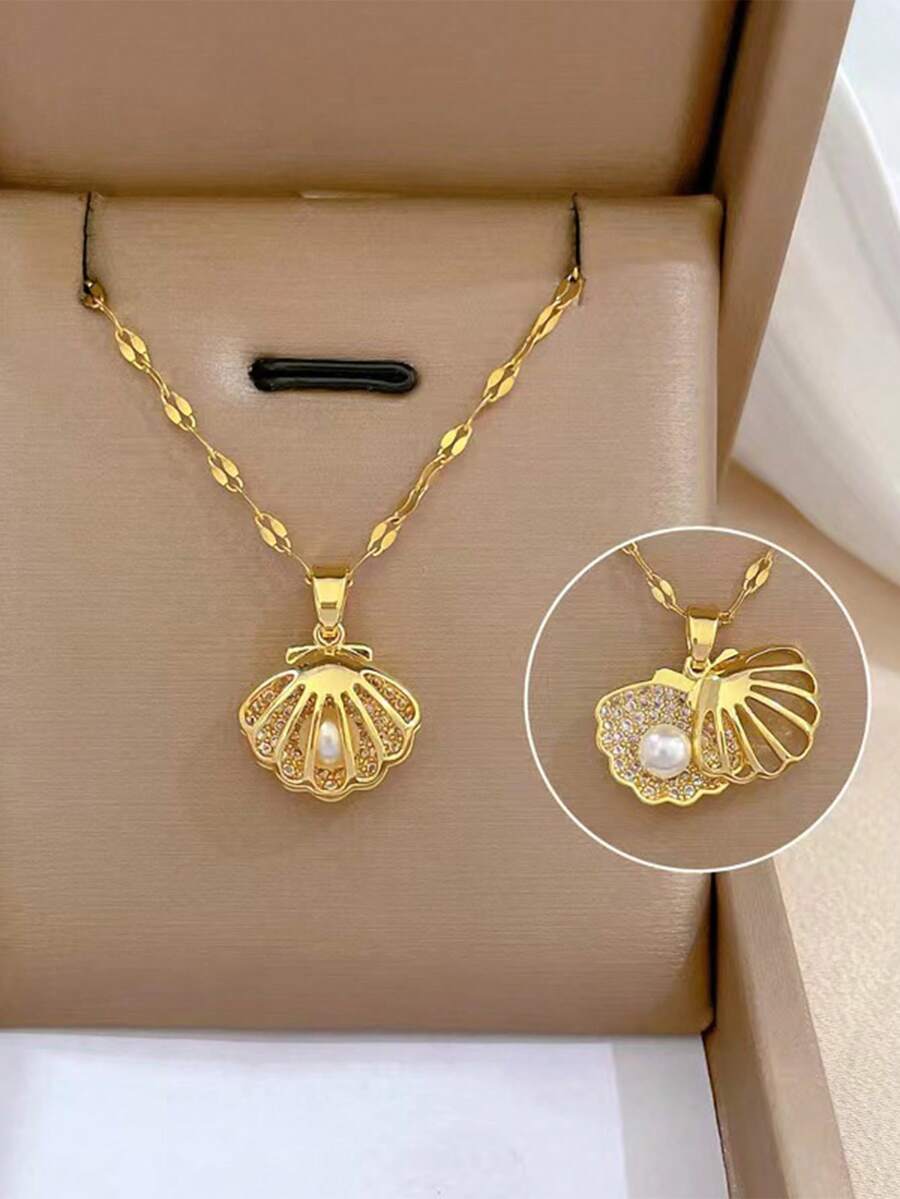 1pc Stainless Steel Micro-Inlaid Shell Faux Pearl Pendant Necklace - Vàng - Xem 1