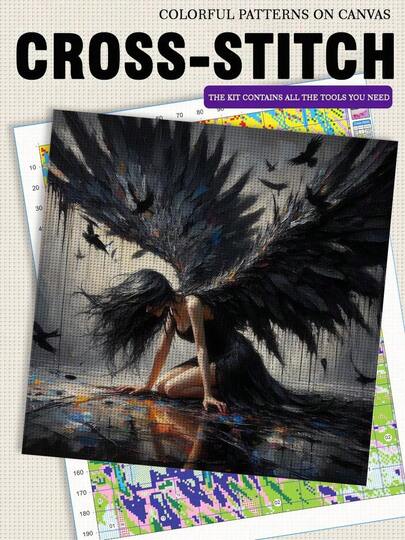 JOZYSH 1件装无框十字绣DIY套装，尺寸40*40厘米/15.7*15.7英寸，图案为黑色天使，11CT/14CT，适合成人和初学者放松身心，DIY十字绣刺绣，是卧室和客厅墙面装饰的完美之选。套装包含印花画布、绣针、绣线、图纸和说明书。