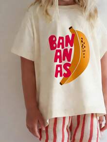 女童休闲香蕉字母印花T恤，宽松圆领短袖上衣，欧美风格，适合夏季度假穿着 - 杏色 - 查看 1