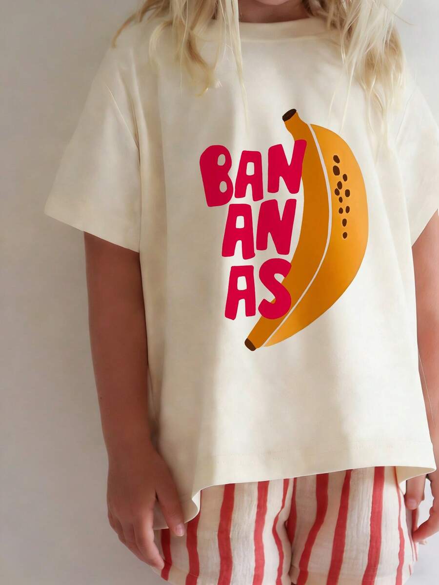 女童休闲香蕉字母印花T恤，宽松圆领短袖上衣，欧美风格，适合夏季度假穿着 - 杏色 - 查看 1