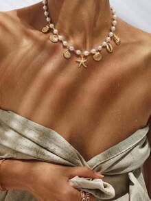 Glamine 1pc Ocean Style Faux Pearl Beaded Pendant Necklace, Fashionable Women Necklace Suitable For Daily Wear, Beach Vacation And Photo Shoot - Marine Style - View 1