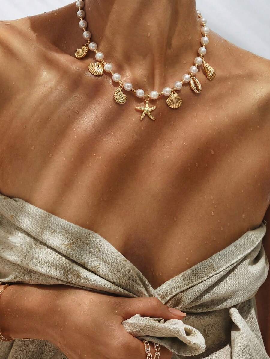 Glamine 1pc Ocean Style Faux Pearl Beaded Pendant Necklace, Fashionable Women Necklace Suitable For Daily Wear, Beach Vacation And Photo Shoot - Marine Style - View 1