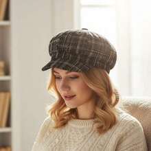 Women's Classic Beret Hat Stylish Korean Style Plaid Pattern Newsboy Cap Warm Winter Octagonal Hat For Outdoor Daily Use - White - View 4