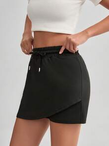 Women's Solid Color Drawstring Waist Casual Shorts, Versatile For Daily Wear, Hiking, Running, Cycling Sports - Black - View 3