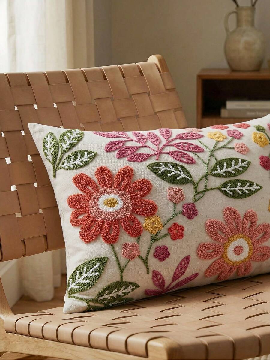 1pc Modern Floral Embroidered Throw Pillow Cover, Suitable For Indoor Decor, All Season Cushion Cover, Pillow Insert Not Included - Multicolor - View 1