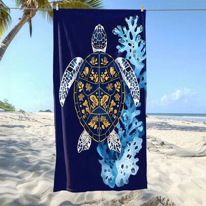 1pc Soft Luxury Ocean Style Sea Turtle Pattern Printed Ultra-Fine Fiber Beach Towel, Suitable For Beach, Swimming Pool, Camping And Travel, Bathroom, Fitness, Yoga, Soft And Comfortable Ultra-Fine Fiber Towel, Extremely Comfortable Bath Towel, Fashionable Beach Towel, Super Absorbent, Lightweight And Portable, Windproof And Sun-Proof, Summer Travel Anti-Sand, Bathroom Decor