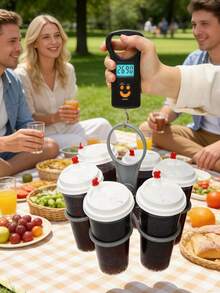1pc 6-Slot Foldable Beverage Holder, Foldable Cup Tray, 6 Rotating Cup Slots, Lightweight And Sturdy Plastic Beverage Rack, Suitable For Parties, BBQ, Camping, Picnic And Outdoor Activities, Beverage Storage Rack, Practical Party Accessory, Easy-Grip Handle, Great Gift For Halloween, Valentine's Day, Christmas, Thanksgiving, 1pc Bottle Opener - Multicolor - View 3