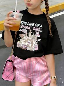 Disneyland The Life Of A Park Girl Print Summer Tops,Disneyland Graphic Tee, Perfect For Cute Girls. Teen Girl Gift,Tween Summer Clothes,Comfortable And Breathable Children's Short-Sleeved T-Shirt. Suitable For Both Boys And Girls.Suitable For Daily Wear, Vacations, Outdoor Activities, And As A Children's Gift. - Black - View 1