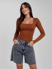 Set Of 3 Women's Second Skin Baby Look Blouses, Long Sleeve, Square Neck, Basic Shaping, Soft Supplex Fabric, Lined, Elastic, Premium Casual Fashion, Versatile, - 黑白可可 - 查看 4