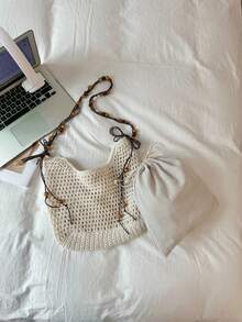Lazy Style Hollow Straw Bag, Large-Capacity Shoulder Tote Bag, Beaded Woven Vacation Beach Bag - Multicolor - View 10