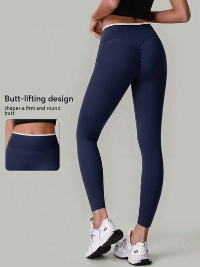 Women High Waist Contrast Waistband Fitness Yoga Leggings Navy Blue Butt Lifting Running Sports Pants Athletic Training Active Gym Tights