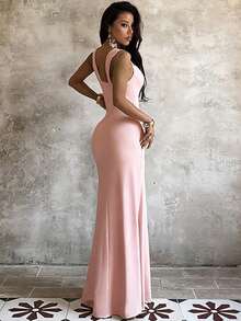 Elegant Women's Pink Backless Mermaid Long Dress With Straps, Knitted Fabric Bodycon A-Line Formal Gown Summer Dress Party - Baby Pink - View 3