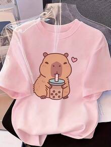 Top de manga corta de verano con estampado de carpincho, ajuste holgado, diseño versátil, adecuado para uso diario y atuendos de vacaciones - Rosa - Ver 1