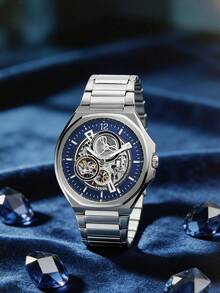 Fossil BQ2620 Evanston 男士自动机械表，蓝色镂空表盘，不锈钢材质，50米防水 - 藍色 - 查看 1