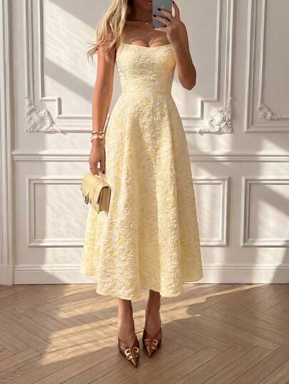 Floreya Summer Wedding Elegant Solid Color French High-End Elegant Light Formal Dress, Waist-Defined Slim Fit Sleeveless Midi Dress, Yellow Dress Party
