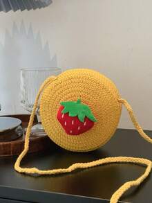 Bolso bandolera tejido con diseño de fresa, bolso de hombro redondo de paja y ratán para mujer - Amarillo - Ver 2