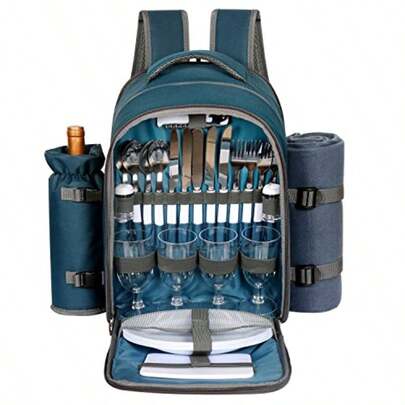 Mochila de picnic Hap Tim para 4 personas con compartimento enfriador aislado soporte para vino manta de lana juego de cubiertos regalos de compromiso para parejas camuflaje 3065 azul