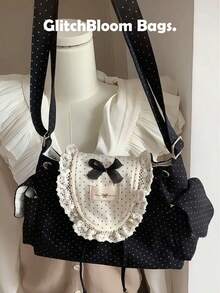 可爱波点蕾丝荷叶边单肩包 - 可爱蝴蝶结装饰斜挎包，洛丽塔风格 - 黑色 - 查看 2