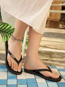 Dép xỏ ngón nữ màu đen, nâu, xanh lá cây dệt kim với quai mỏng, đế mềm dẻo, chống mài mòn, thích hợp cho đi dạo biển mùa hè, lội nước, thiết thực và bền bỉ, dễ phối với mọi trang phục. - màu đen - Xem 5