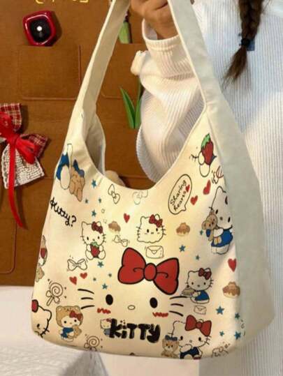 SANRIO Bolso de mano para mujer, bolso de lona con gran capacidad y lindo diseño, bolso de hombro espacioso y de múltiples bolsillos, ligero y adecuado para la escuela, el trabajo, los viajes y las salidas casuales