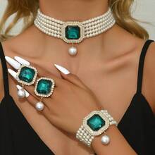 Bộ 4 món trang sức sang trọng, cầu kỳ, nhiều lớp đính ngọc trai giả, đá rhinestone và pha lê, gồm vòng cổ, bông tai và vòng tay, thích hợp làm quà tặng cho phụ nữ trong đám cưới, tiệc tùng và các dịp lễ. - Nhiều màu - Xem 12