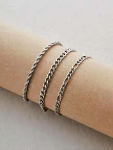 3件套时尚个性扁平蛇形链扭链脚链套装，送朋友的礼物 - 銀色 - 查看 2