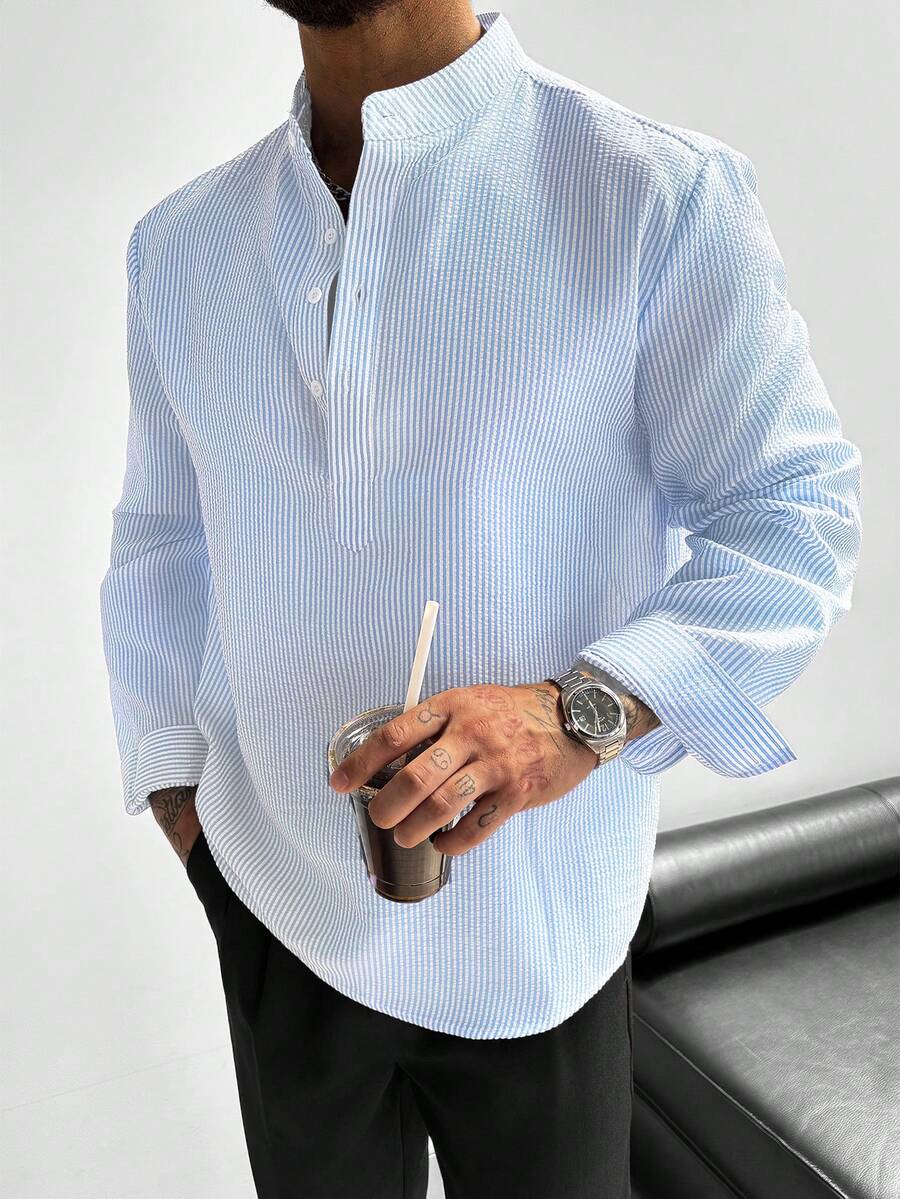 GloMan 男士立領亞麻長袖襯衫,輕量透氣寬鬆休閒款,適合夏季度假、派對、辦公室日常穿著,男士禮物,沙灘風 - 淺藍色 - 查看 1