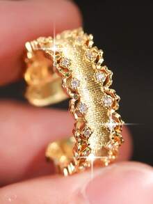 1 chiếc nhẫn cưới ren rỗng tinh tế, sang trọng đính đá Cubic Zirconia, kiểu dáng quý phái, có thể mở ra, thích hợp cho tiệc đính hôn, kỷ niệm ngày cưới, quà tặng trang sức ngày Valentine. - Vàng - Xem 6