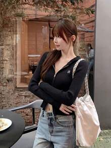 Áo khoác cardigan dệt kim gân có mũ, áo len đa năng ôm dáng với khóa kéo đôi, áo tay dài mỏng với thêu chữ, màu đen mùa xuân/hè. - màu đen - Xem 4