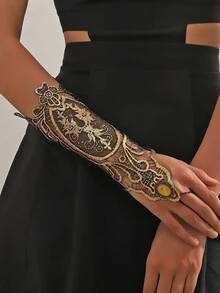 Cuiwrgrs 1pc Gold Vintage Baroque Lace Rhinestone Embellished Gloves,Suitable For All Kinds Of Festive Bar Party Cosplay Props Music Festival Halloween - Gold - View 1