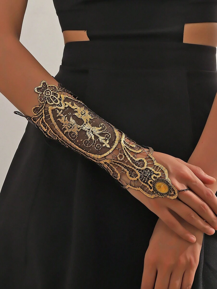 Cuiwrgrs 1pc Gold Vintage Baroque Lace Rhinestone Embellished Gloves,Suitable For All Kinds Of Festive Bar Party Cosplay Props Music Festival Halloween - Gold - View 1