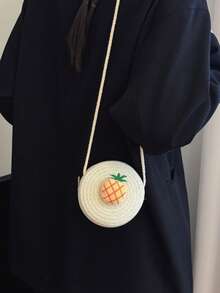 可爱草莓编织斜挎包，圆形草编藤条单肩包，女士 - 米色 - 查看 8