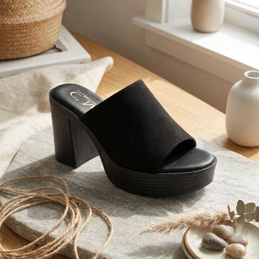 Women Wood Grain Thick-Soled Slippers, Summer Slide Sandals Chunky Heel Open Toe Fashion Mules High Heels - Hitam CMP9230 - View 1