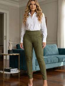 Atelie Kr Women's High-Waisted Riding Pants In Suede Skinny Style - 軍綠色 - 查看 2