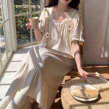 女士睡衣连衣裙，纯色方领睡袍，撞色可爱卡通休闲睡衣连衣裙，适合春夏穿着 - 杏色 - 查看 5