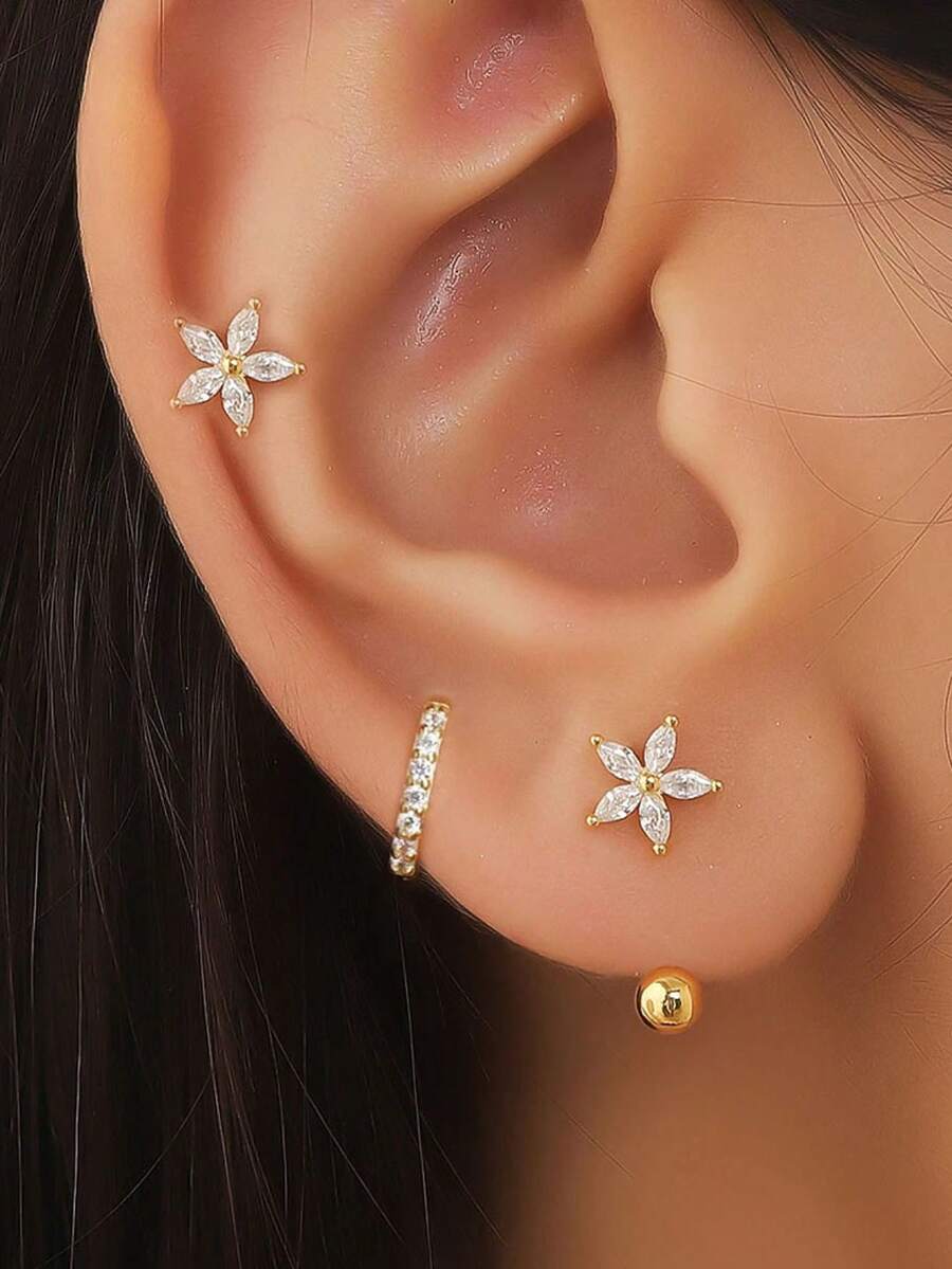 3pcs/Set Pendientes de botón con flor de CZ en forma de U para mujer, pendientes de botón redondos pequeños chapados en oro de 14K, pendientes de cartílago vintage para niñas, adecuados para fiestas, vacaciones, uso diario, regalo de joyería - Oro-1 - Ver 1