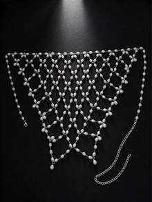 1件白色网状珍珠吊坠头链，时尚新娘饰品，百搭发饰，女士婚礼装饰 - 銀色 - 查看 2