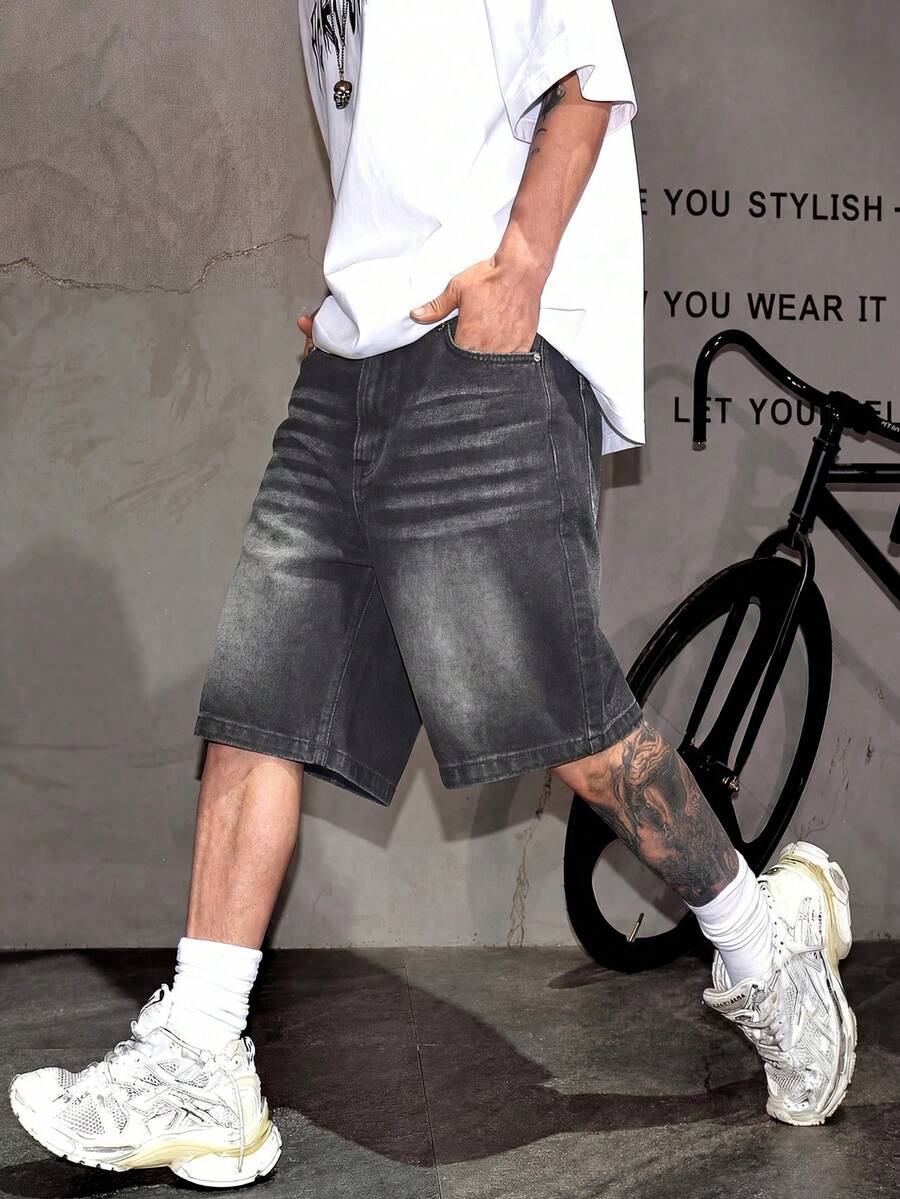 Denim Shorts, Cotton Ripped Jeans Shorts, Straight Leg Casual Shorts, Breathable Versatile Summer Commuter Shorts - Black - View 1