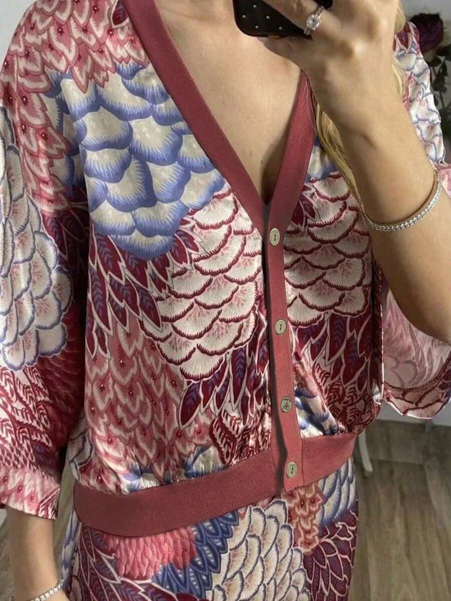 女款波希米亞風兩件套：復古葉脈印花開襟衫與裙子；微彈針織面料；V領設計，優雅春夏紅色