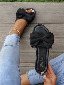 1双女士平底凉鞋，新款蝴蝶结装饰，黑色休闲平底拖鞋，适合夏季穿着，舒适圆头露趾户外沙滩鞋，适合休闲外出、假日派对、居家穿着。 - 黑色 - 查看 2