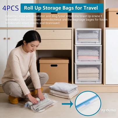 4pcs Hand Pump Vacuum Storage Bags, Suitable For Travel, Storage, Luggage, Backpack, Clothes Organization