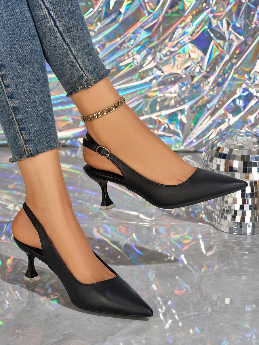 Pointed Toe High Heel Pumps, V-Cut Low Vamp Backless Sandals For Women - Black - View 1