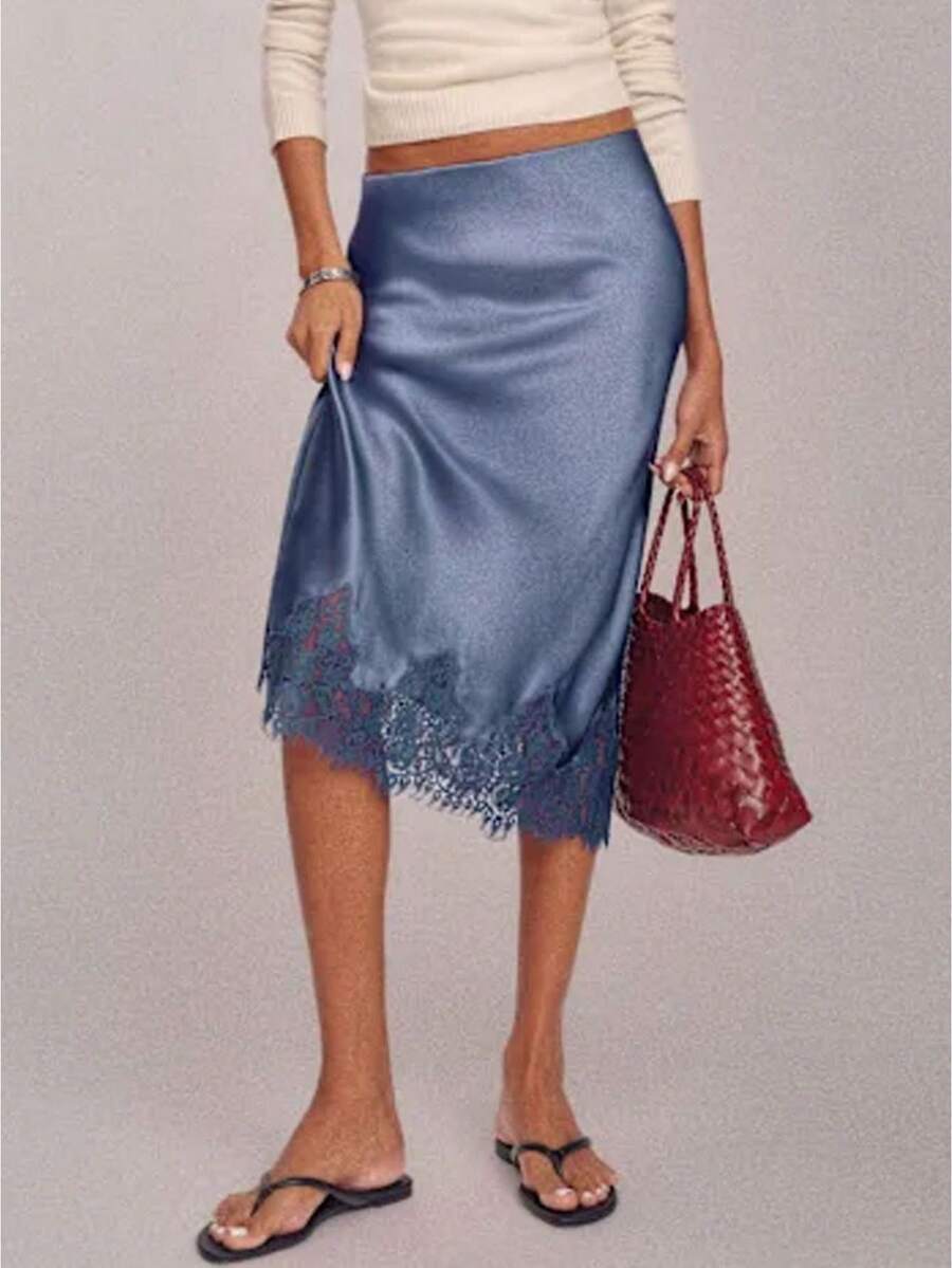 Women's Satin Midi Skirt Fashionable Elegant Solid Color Lace Hem Skirt For Party Work Daily Wear - Màu xanh lam - Xem 1