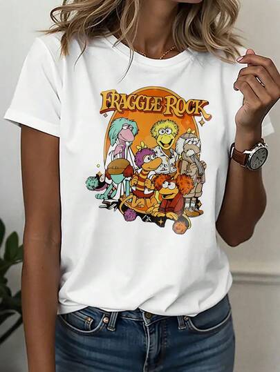Neue Frühlings- und Sommermode, lässiges Damen-Sport-T-Shirt | FRAGGLE ROCK, bunte Retro-Puppenfiguren, klassisch, für Musikliebhaber, Festival-Outfit, 80er-Jahre-Nostalgie, bequemes Ganzjahres-Top mit Rundhalsausschnitt, Baumwoll-T-Shirt