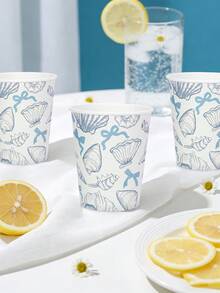 10个/30个/50个装 蝴蝶结海洋纸杯 蓝色蝴蝶结 海星 贝壳 一次性纸杯 适用于冷热饮品 夏季海底主题派对餐桌用品，9盎司 - 查看 4