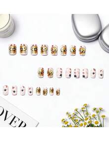 24pcs Short Glossy Animal Dog Pattern Detachable False Nails, Pink Heart Shaped Nail Stickers, Convenient For Daily, Party, Holiday - Champagne - View 4
