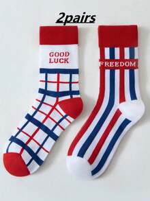 2 Pairs GOOD LUCK & FREEDOM American Retro Mid-Calf Socks, Red White Blue Color Block Plaid & Striped Couple Socks, Soft, Comfortable, Breathable And Durable, Classic And Versatile - Multicolor - View 10