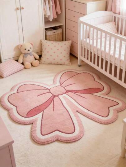 1件粉色蝴蝶结毛绒地毯，仿羊毛材质，婴儿房装饰垫，装饰地毯，儿童游戏垫，装饰地毯，卧室装饰，小地毯，地毯，家居装饰，户外地毯，可水洗地毯